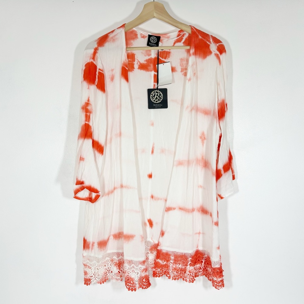 NWT Bobeau Tie Dye Kimono Cover Up Crochet Trim Orange White Sz S